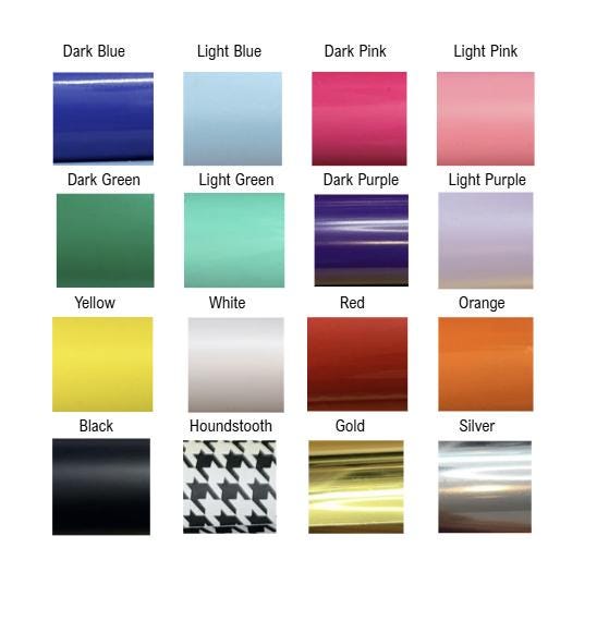 Color swatches including dark blue, light blue, dark pink, light pink, and more on a white background.