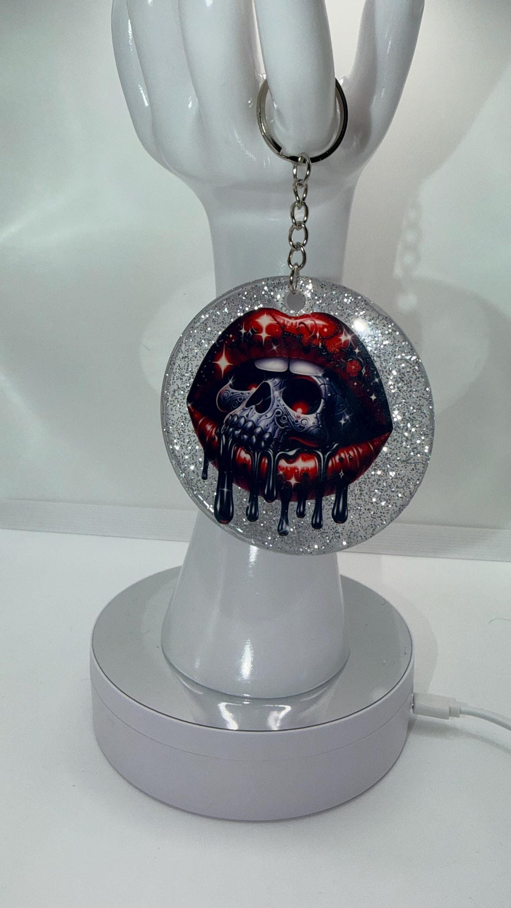 Glitter Skull Spooky Lips Resin Keychain