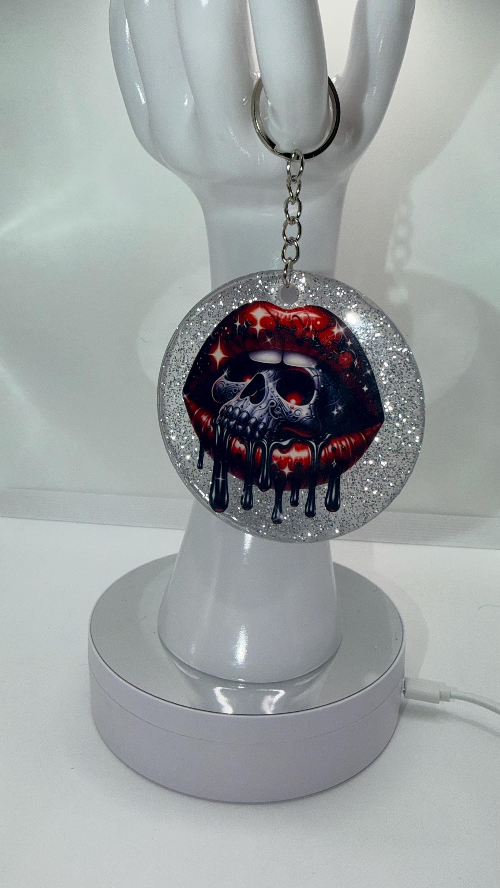 Glitter Skull Spooky Lips Resin Keychain